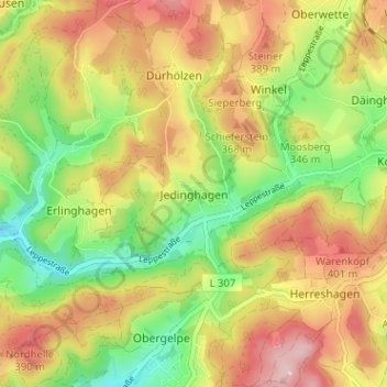 Topografische Karte Jedinghagen, Höhe, Relief