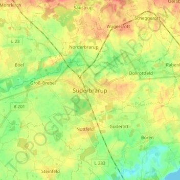 Topografische Karte Süderbrarup, Höhe, Relief