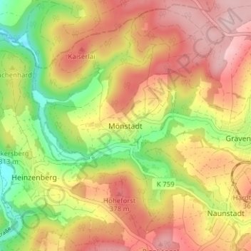 Topografische Karte Mönstadt, Höhe, Relief