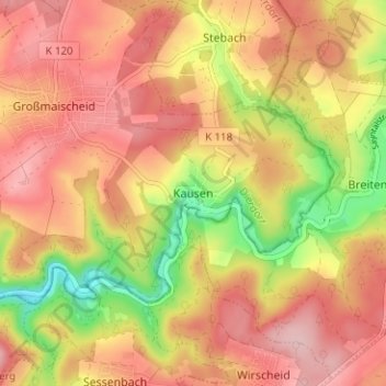 Topografische Karte Kausen, Höhe, Relief