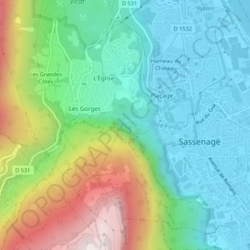Topografische Karte Cuves de Sassenage, Höhe, Relief