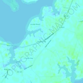 Topografische Karte Thanksgiving, Höhe, Relief