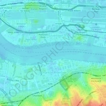Topografische Karte Thames Barrier, Höhe, Relief