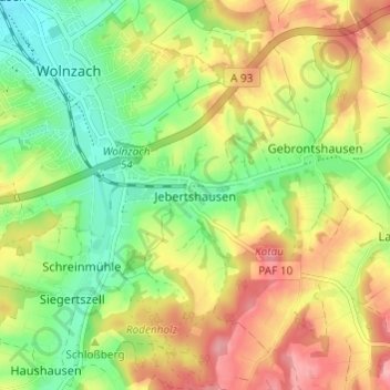 Topografische Karte Jebertshausen, Höhe, Relief
