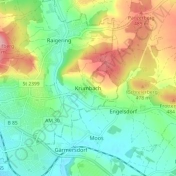 Topografische Karte Krumbach, Höhe, Relief