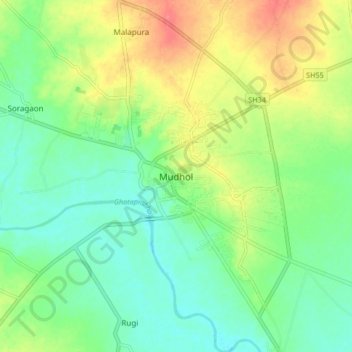 Topografische Karte Mudhol, Höhe, Relief