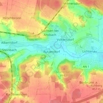 Topografische Karte Rutzendorf, Höhe, Relief