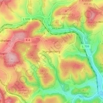 Topografische Karte Hardenberg, Höhe, Relief