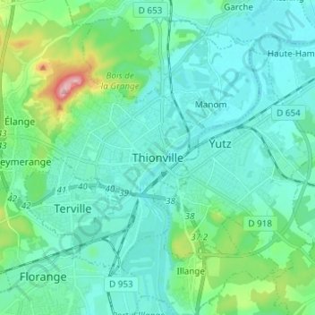 Topografische Karte Thionville, Höhe, Relief