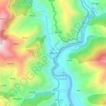Topografische Karte Dharāsu, Höhe, Relief