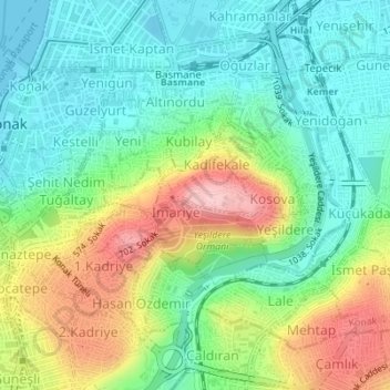 Topografische Karte Kadifekale, Höhe, Relief