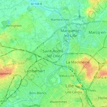 Topografische Karte Saint-André-lez-Lille, Höhe, Relief