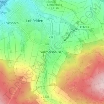 Topografische Karte Vollmarshausen, Höhe, Relief