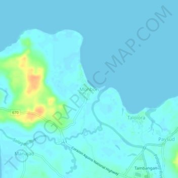 Topografische Karte Monbon, Höhe, Relief