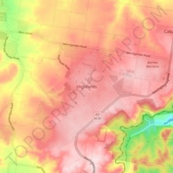 Topografische Karte Highfields, Höhe, Relief