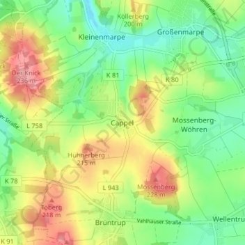 Topografische Karte Cappel, Höhe, Relief