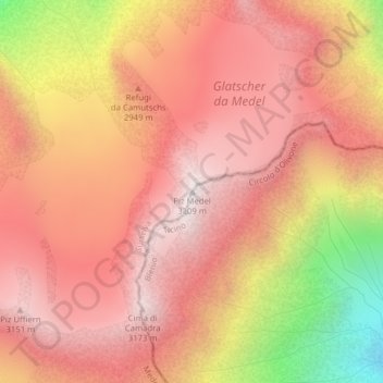Topografische Karte Piz Medel, Höhe, Relief