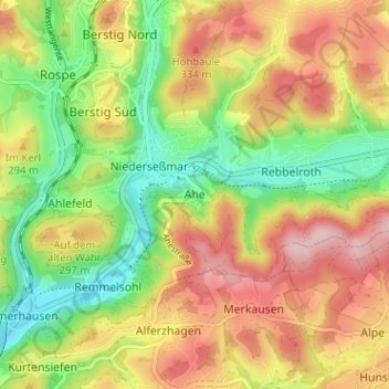 Topografische Karte Ahe, Höhe, Relief