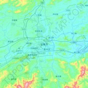 Topografische Karte Yichun, Höhe, Relief