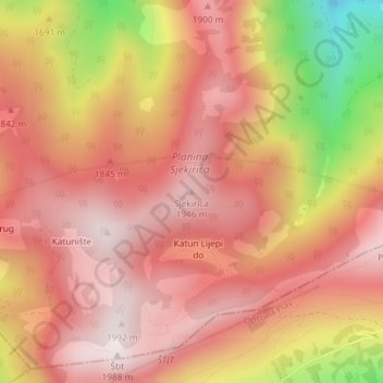 Topografische Karte Sjekirica, Höhe, Relief