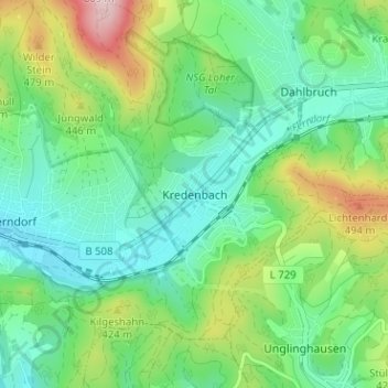 Topografische Karte Kredenbach, Höhe, Relief