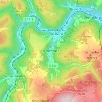 Topografische Karte Mellenbach, Höhe, Relief