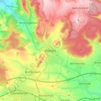 Topografische Karte Worbis, Höhe, Relief