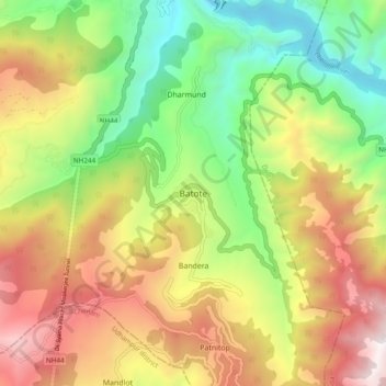 Topografische Karte Batote, Höhe, Relief