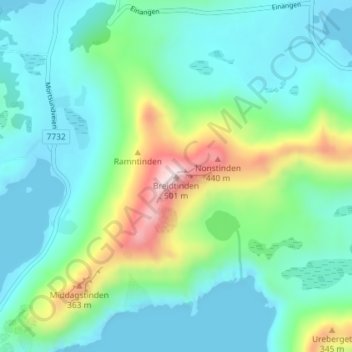 Topografische Karte Breidtinden, Höhe, Relief