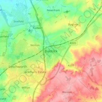 Topografische Karte Baldock, Höhe, Relief