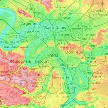 Topografische Karte Parijs, Höhe, Relief