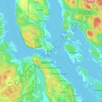 Topografische Karte Brevik, Höhe, Relief