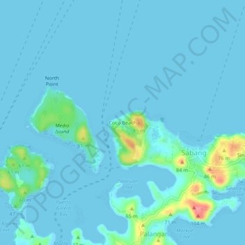 Topografische Karte Coco Beach, Höhe, Relief