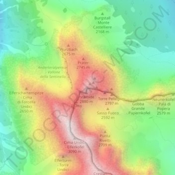 Topografische Karte Croda Rossa di Sesto, Höhe, Relief