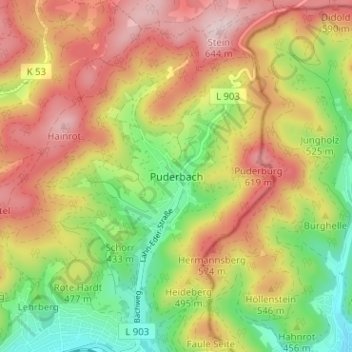 Topografische Karte Puderbach, Höhe, Relief