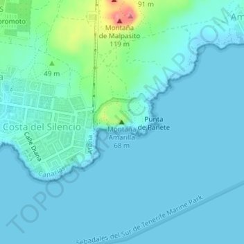 Topografische Karte Montaña Amarilla, Höhe, Relief