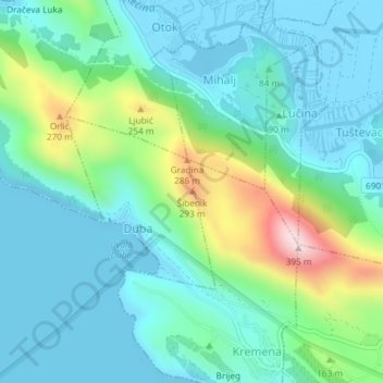 Topografische Karte Šibenik, Höhe, Relief
