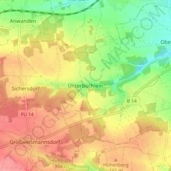 Topografische Karte Unterbüchlein, Höhe, Relief