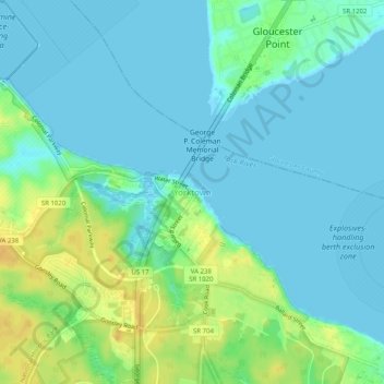 Topografische Karte Yorktown, Höhe, Relief