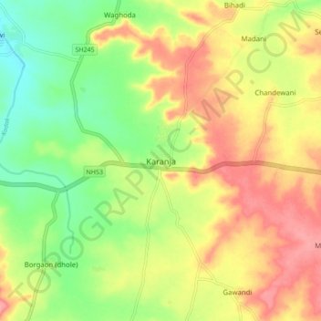 Topografische Karte Karanja, Höhe, Relief