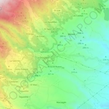 Topografische Karte Arico Viejo, Höhe, Relief