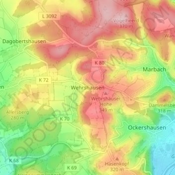 Topografische Karte Wehrshausen, Höhe, Relief