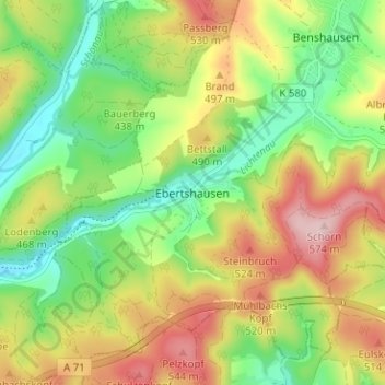 Topografische Karte Ebertshausen, Höhe, Relief