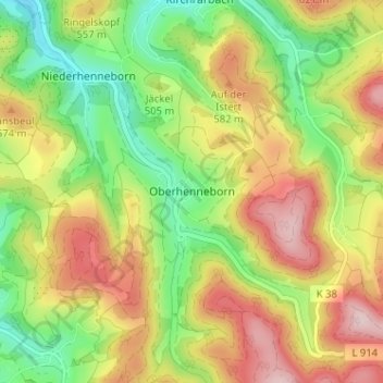 Topografische Karte Oberhenneborn, Höhe, Relief