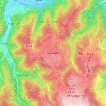 Topografische Karte Veserde, Höhe, Relief