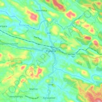 Topografische Karte Punalur, Höhe, Relief