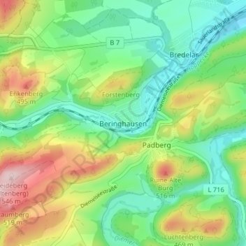 Topografische Karte Beringhausen, Höhe, Relief