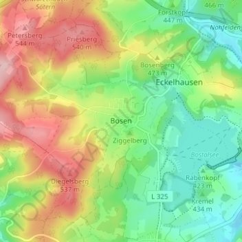Topografische Karte Bosen, Höhe, Relief