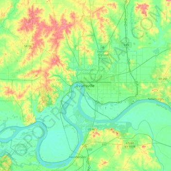 Topografische Karte Evansville, Höhe, Relief