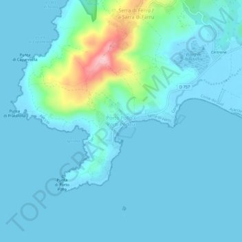 Topografische Karte Porto Pollo, Höhe, Relief
